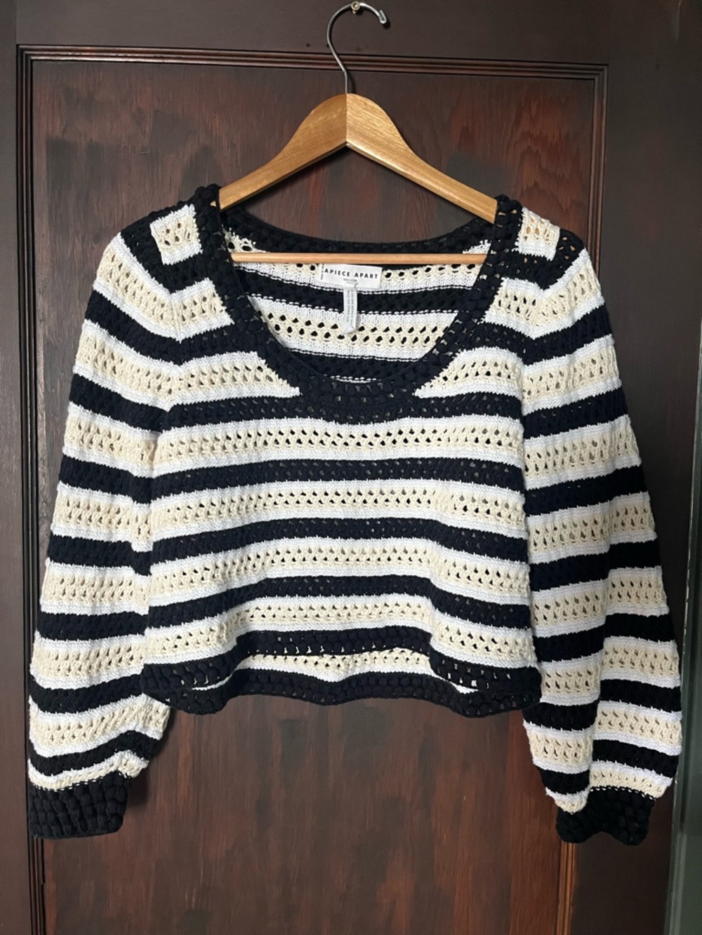 Apiece Apart SARI Black & Cream Striped Crocheted Cropped Scoop Sweater Size S